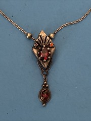Antique Art Deco Sterling Silver Lavalier Red Garnet Pendant Necklace 17”
