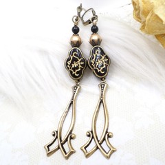 Antique Brass Dangle Earrings Black Gold Floral Acrylic Beaded Victorian Jewelry