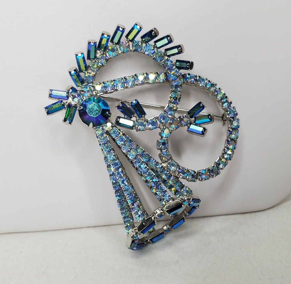Vintage Hobe Brooch Peacock Blue AB Stones Baguettes Silver Tone 3D Signed