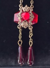 Vintage Necklace Delicate Art Nouveau Brass Pendant Antique Red Czech Glass
