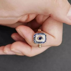 Art Deco Vintage Style Lab Created Diamond & Sapphire Wedding 14K Gold FN Ring