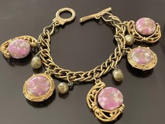 Vintage bracelet purple pearl Art Glass Beaded Gold tone toggle crescent moon 7”