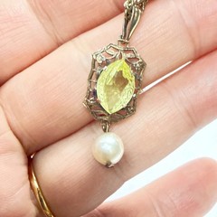 Vintage Filigree Pendant Necklace Yellow Citrine Glass Pearl Drop Gift For Her