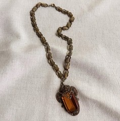 Antique Czech Amber Glass Filigree Pendant Necklace Rhinestone Chain Art Deco