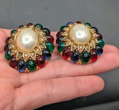 CINER Jewels Of India Moghul Glass Faux Pearl Clip On Gold Tone Earrings ⚠️Read