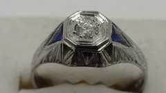 VINTAGE ANTIQUE 18K WHITE GOLD EUROPEAN ROSE CUT DIAMOND & SAPPHIRE RING 3.95 GR