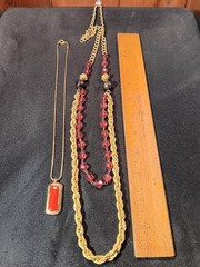 Two Vintage Gold Tone Necklaces Electric Red Pendant & Petal Rouge Bead J18