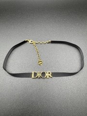 Vintage Christian Dior Black Ribbon Logo Choker Necklace Gold Tone
