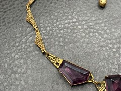 Vintage Art Deco Faux Amethyst Glass Gold Tone Ornate Chain Statement Necklace