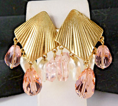 Lovely Chandelier Drop Earrings Pink Glass Crystal & Faux Pearls Gold Tone Post