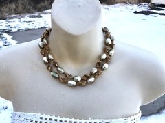 Vtg MCM Crown Trifari Faux Baroque Pearl Swirl Gold Spike Necklace & Bracelet