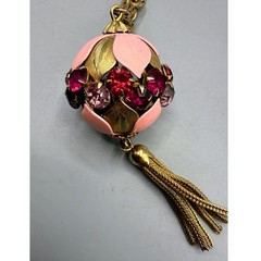 Vintage Gold Tone Orb Pendant Necklace Pink Enamel Rhinestone Tassel 28 Inch