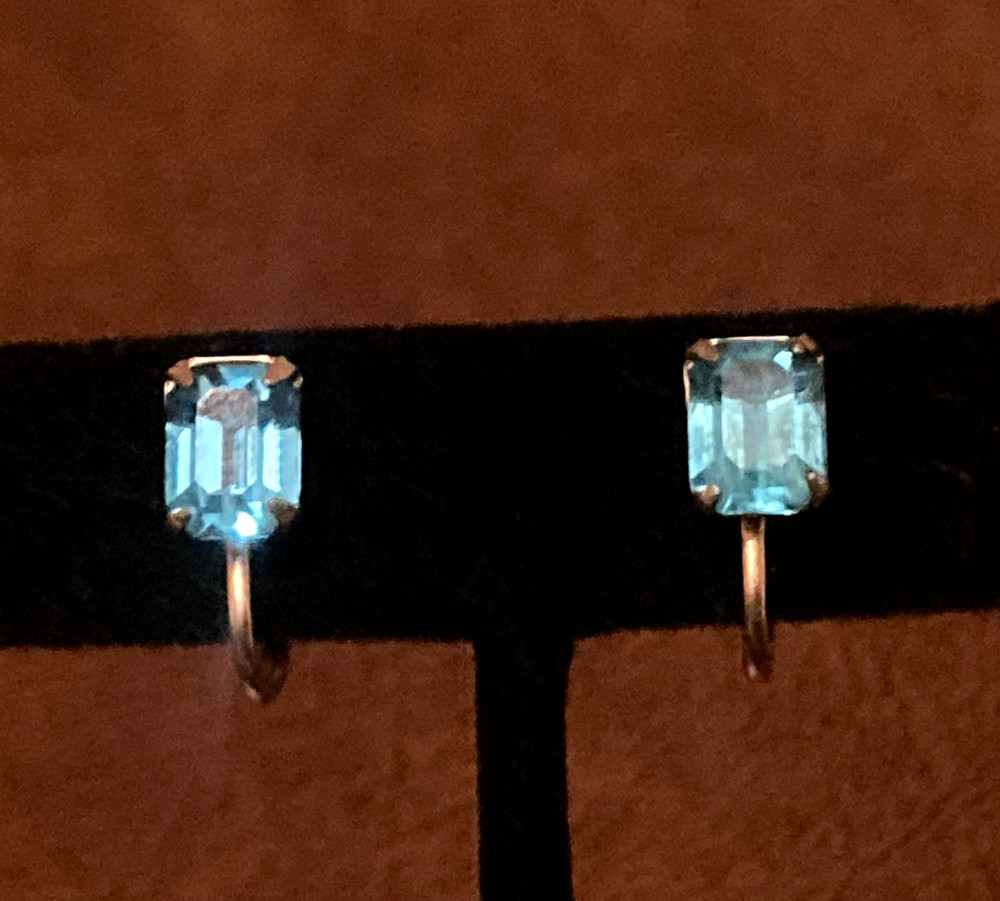 Vintage Gold Tone Earrings Blue Glass Screw Back Hallmarked