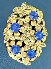 Vintage CZECH ART DECO Pin Pronged Blue Stones Gold Tone Filigree Design