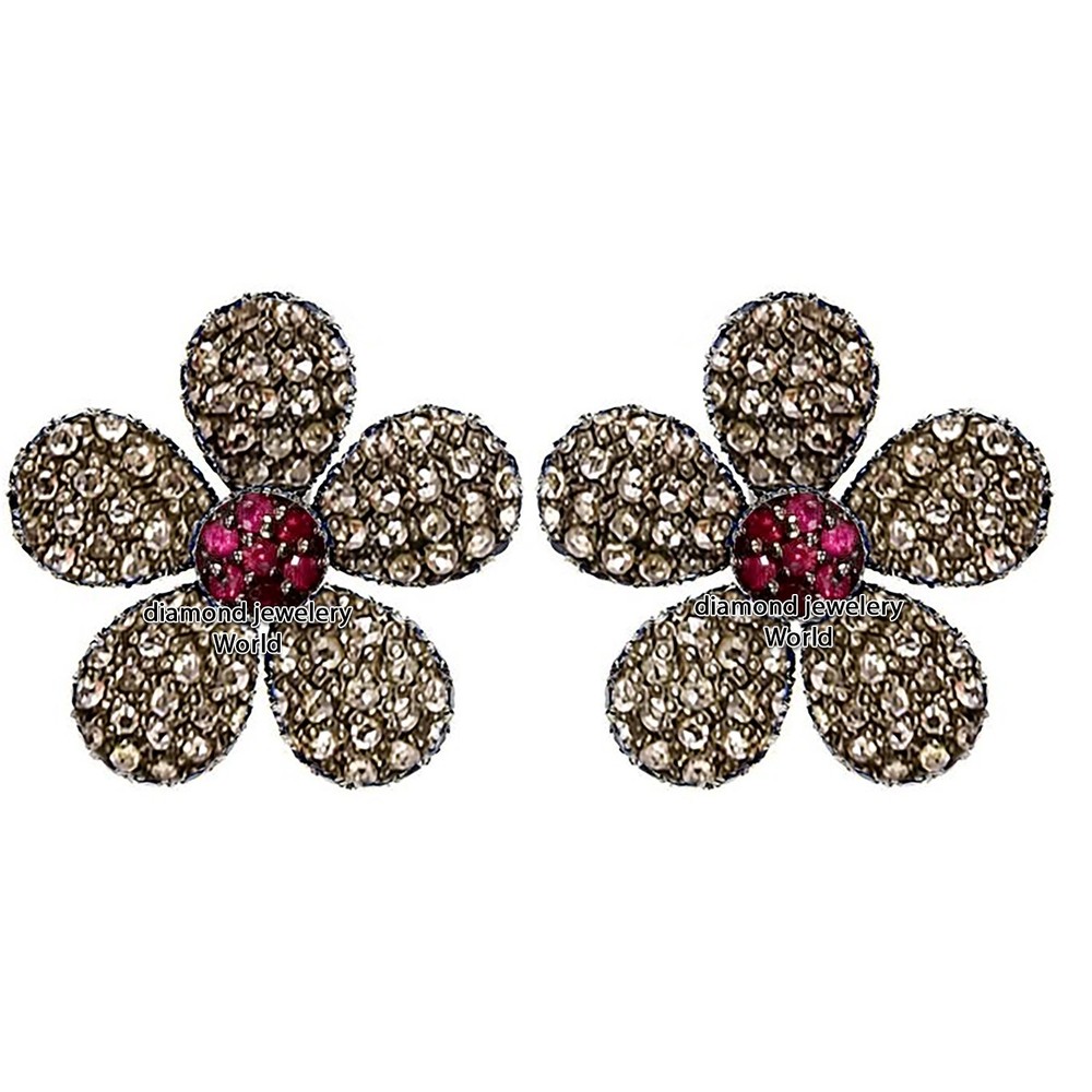 1.65ctw Rose Cut Diamond Ruby Silver Victorian Gorgeous Studs Earring Jewelry