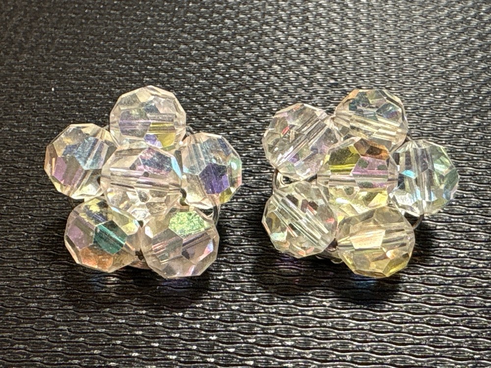 Aurora Borealis Faceted Glass Bead Clip-On Earrings N/A (Mid-20th Century)