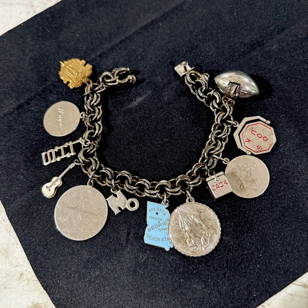 Vintage Danecraft 925 Sterling Silver Charm Bracelet With 12 Non Silver Charms