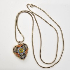 Vintage Micro Mosaic Heart Pendant Necklace Gold Tone Serpentine Chain 24″