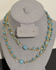 Vintage Hong Kong Necklace Multi Strand Turquoise Colored Beads Gold Tone Chains