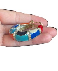 Chunky Multi Color Enamel Hoop Earrings Rhinestone Crystal Gold Tone