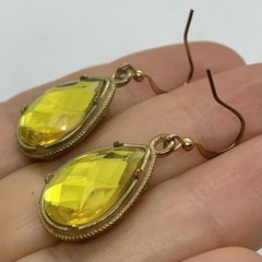 Vtg Yellow Faceted Acrylic Rhinestone Teardrop Dangle Earrings Goldtone Hook