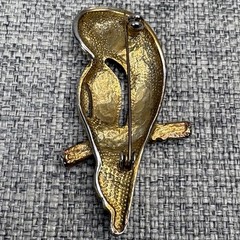 Vintage Gold Tone Owl Brooch Blue Baguette Eyes Rhinestone Pave Figural Pin