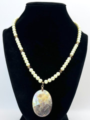 Faux Pearls & Pink Rhinestones Necklace With Carved Mother of Pearl Cameo VTG