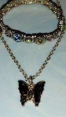 Vintage Butterfly Charm Necklace Korea & Antique Silver Rhinestone Bracelet Set