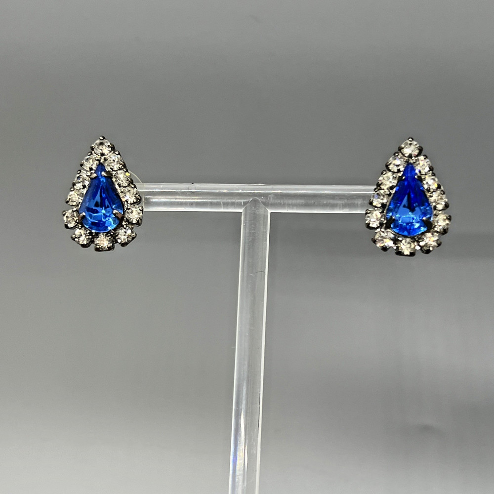 Vintage Teardrop Rhinestone Earrings Blue & Clear Crystal Accent Post Pierced El