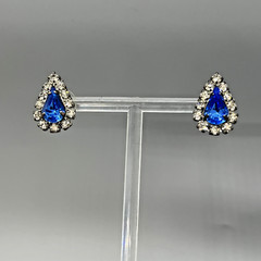 Vintage Teardrop Rhinestone Earrings Blue & Clear Crystal Accent Post Pierced El