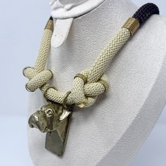 Vintage Boxer Dog Solid Brass Pendant Rope Statement Necklace Magnetic Clasp 26”
