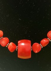 Vintage Necklace Bamboo Red Coral Beaded Main Center Stone Toggle 19.5″