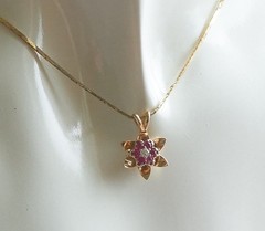14K Solid Yellow White Gold Ruby Diamond Flower Pendant Necklace, Lab Ruby