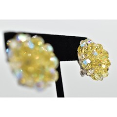 Laguna Vintage Clip On Crystal Earrings Yellow AB Cluster Signed Glam 1950s A24