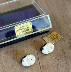 Toshikane Porcelain Geisha Mask Face Earrings Gold Posts, Original Box Japan