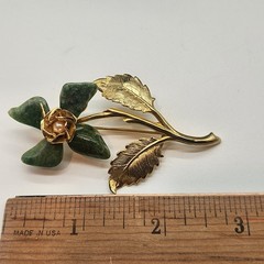 Vintage Green Jade Stone & Faux Pearl Floral Brooch