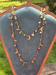 Vintage 70s Starlight Necklace Glass Beaded Celestial Stars Moon Long Brass