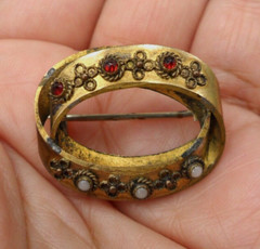 Antique Victorian Brooch Intertwined Ovals Rose Cut Red White Bezel Set Stones