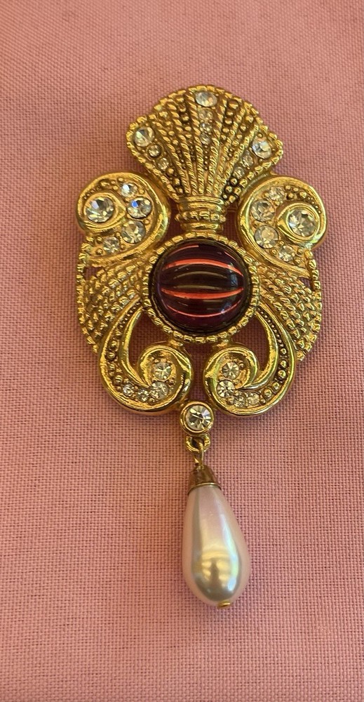 Vintage Jeff Lieb Gold Clear Crystal Pearl Cabochon Purple Stone 4” Brooch Pin
