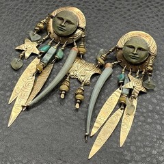 Tabra Gold Filled Man in Moon Face Turquoise Dangle Earrings Boho Celestial