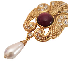 Vintage Jeff Lieb Brooch Large Ornate Cabochon Faux Pearl Teardrop Rhinestones