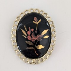 Vintage Black Oval Gold Tone Pendant Pin Pink Flowers Leaves Brooch Gift For Her
