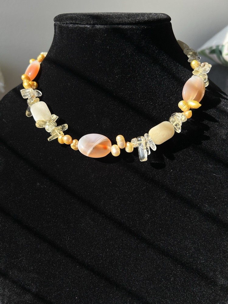 Vintage Agate Pearl And Other Semi-Precious Stones Beaded Necklace