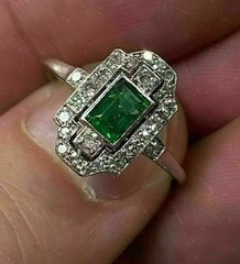 Art Deco Style Green Emerald & Lab Created Diamond 925 Silver Engagement Ring