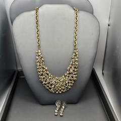 Gold-Tone Statement Necklace & Drop Earrings Set w/ Prong Set Clear Rhinestones