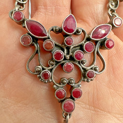 SLG Sterling Silver Necklace Natural Ruby Cluster Y Pendant 3″ Drop 18.5″ 21.60g