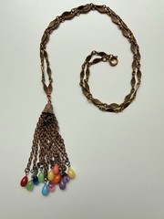 Vintage Multicolored Tear Drop Glass Bead Pendant on Gold Chain (3354)