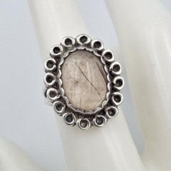Vintage 925 Sterling Silver Oval Cabochon Rutilated Quartz Cocktail Ring sz 6.5