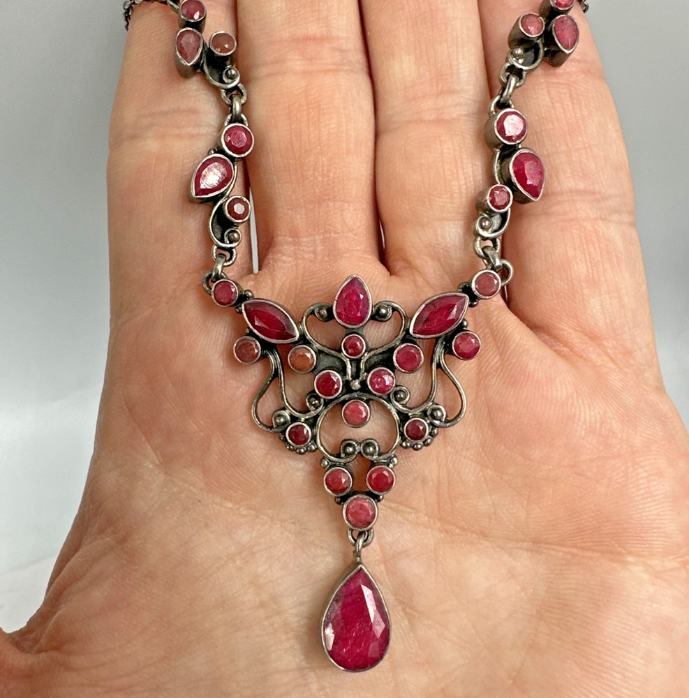 SLG Sterling Silver Necklace Natural Ruby Cluster Y Pendant 3″ Drop 18.5″ 21.60g