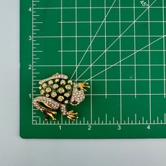 Vintage Rhinestone Green Enamel Frog Brooch Shiny Gold Tone Leap Jump Figural
